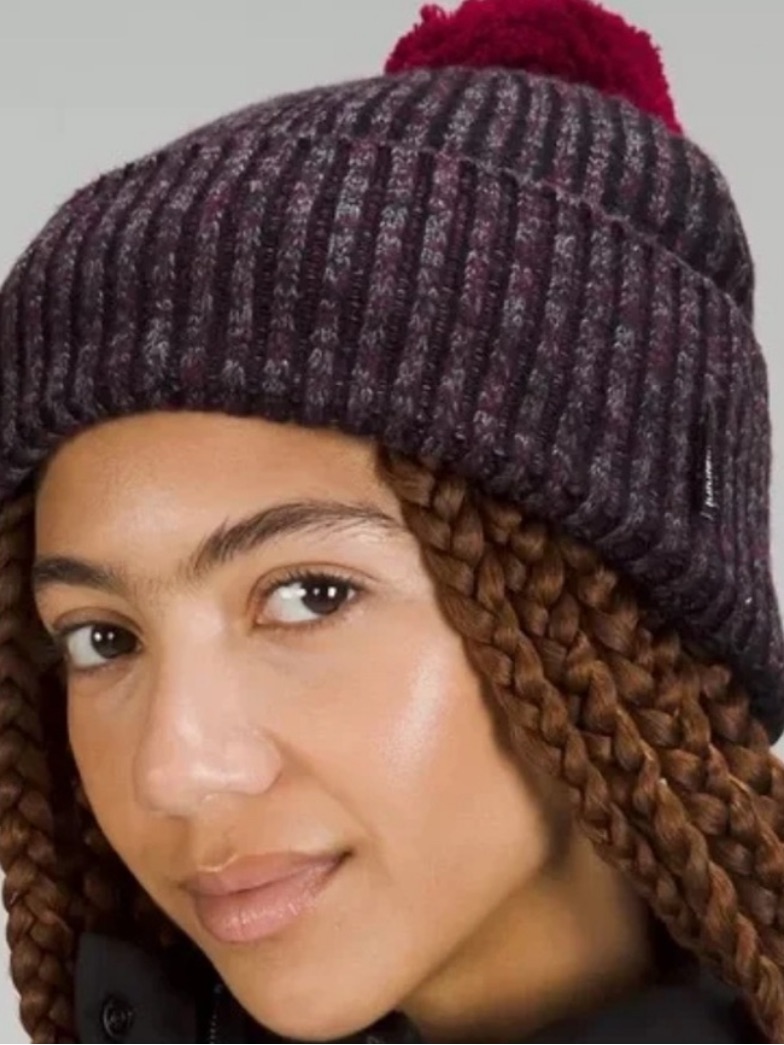 Lululemon Black Burgundy Fleece Lined Foldover Pom Pom Beanie